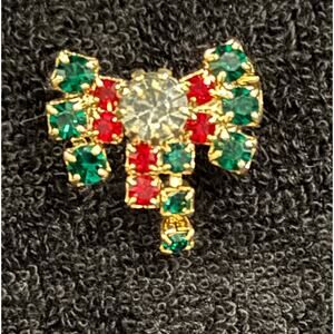 Vintage Red & Green Rhinestone Tiny Christmas Bow Brooch – ¾" Pin CP69